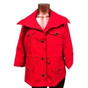 Anne Klein Cropped Trench Coat with 3/4 Sleeves, High Collar, Dark Coral, Sz L
